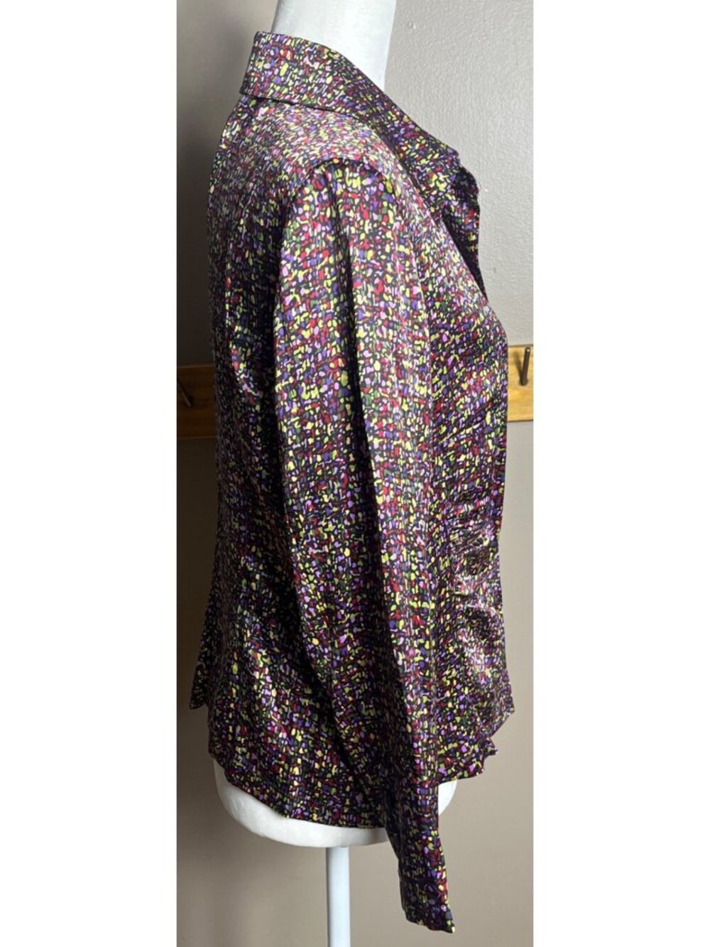 Talbots Silk Abstract Mosaic Blouse Button Colorful Ruched Glam Night Out Wm 14P - Picture 8 of 9